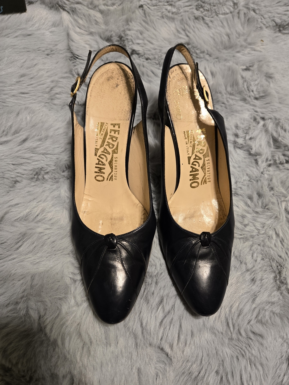 Vintage Salvatore Ferragamo Navy Blue Pleated Slingback Heels w/ Box Sz 7.5B